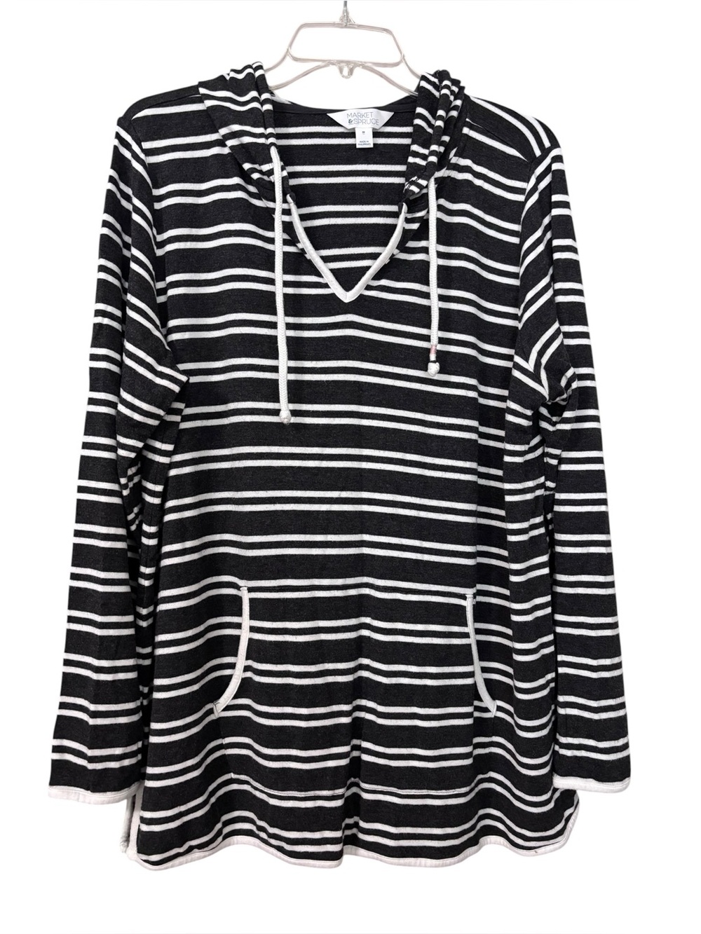 Market & Spruce Black & White Striped Hooded Rayon blend Pullover 2X